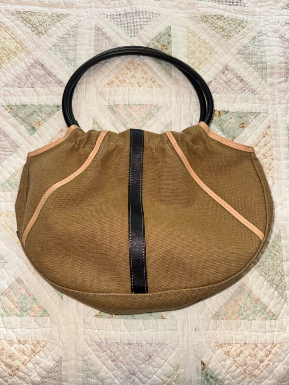 Longchamp Paris Canvas & Leather Tote Bag Made in France Tan Black Bag